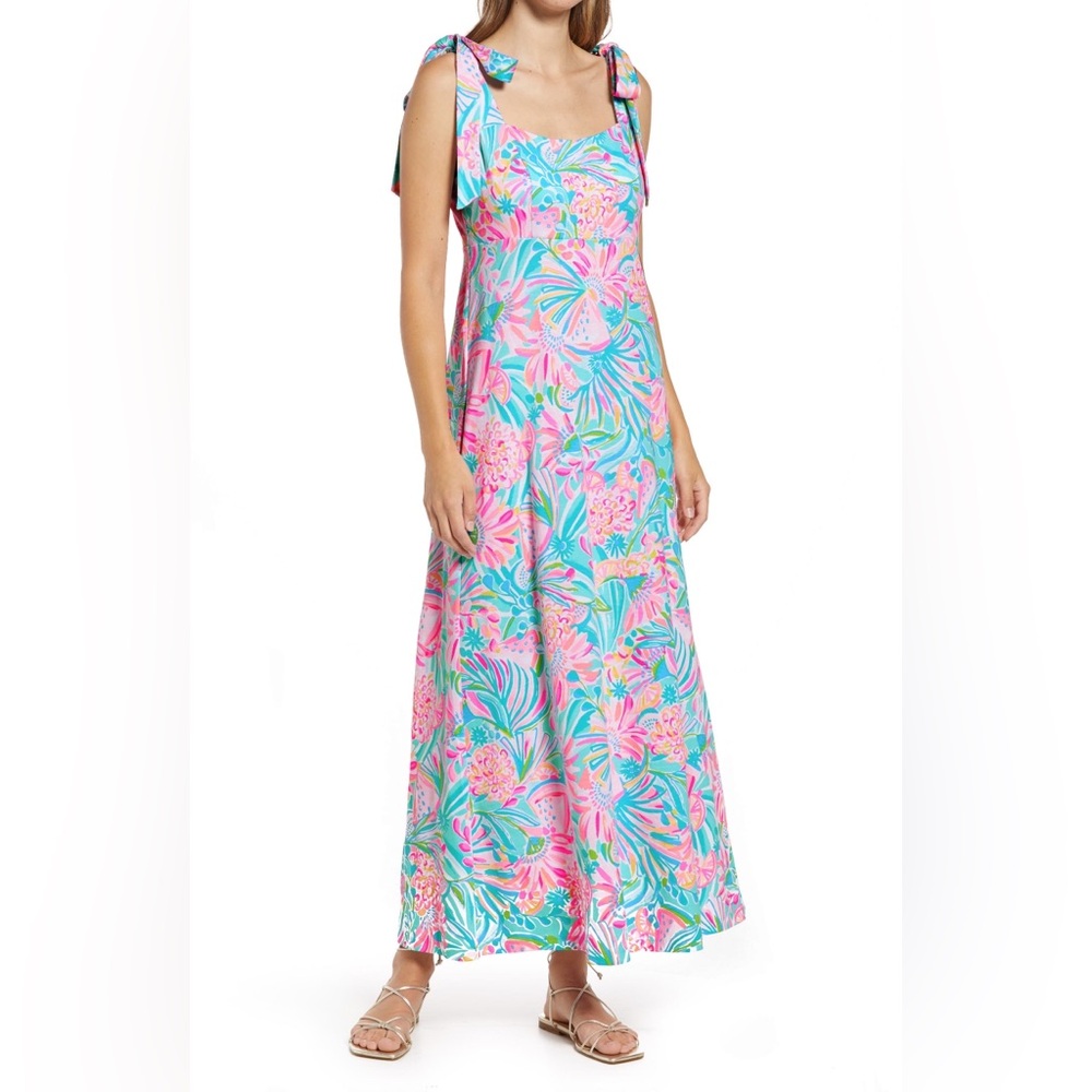 Lilly Pulitzer Aqua & Pink Floral Tie-Shoulder Maxi Dress